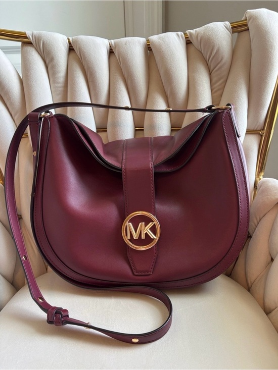 Michael Kors Handbags - Michael Kors Gabby Maroon Leather Saddle Bag with Gold MK Emblem